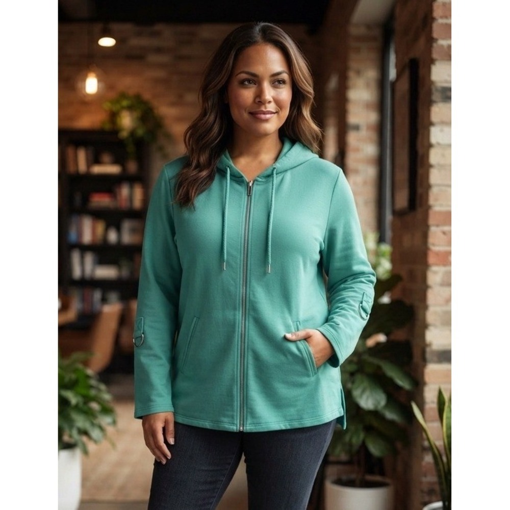 Susan Graver Hoodie Full Zip D-Ring Sleeve Women's M Teal Cotton Stretch Casual